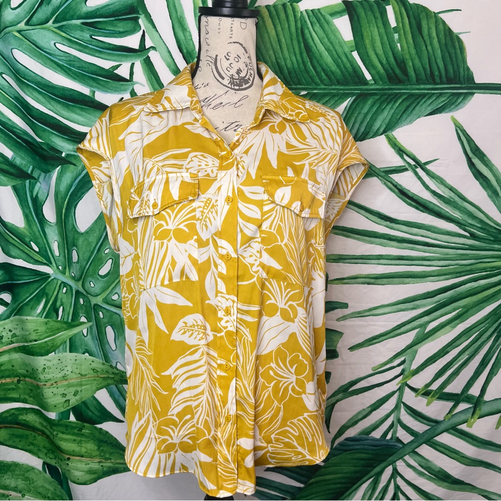 Joie M Golden Yellow White Floral Button Down Sleeveless Collared Spring Blouse